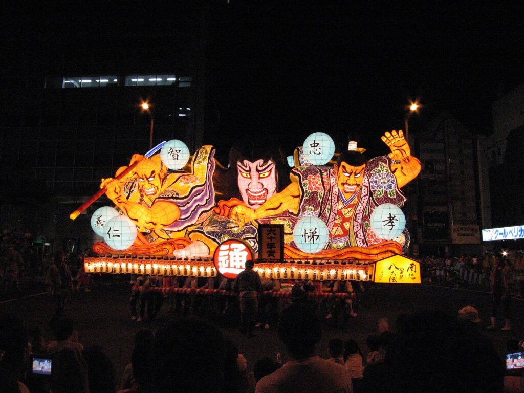 Giant illuminated Nebuta float in Aomori