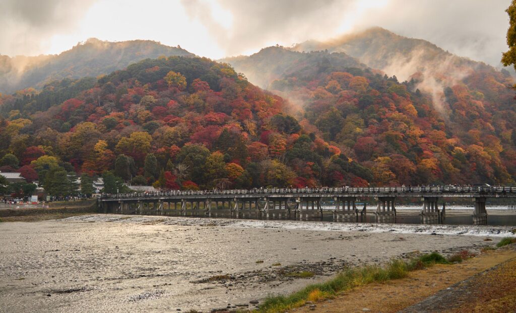 Togetsukyo Bridge and Arashiyama hills in Kyoto