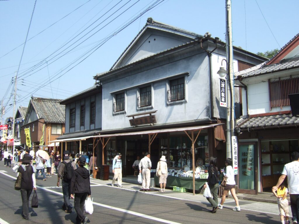 Porcelain stalls lining the street at the Arita Ceramic Fair