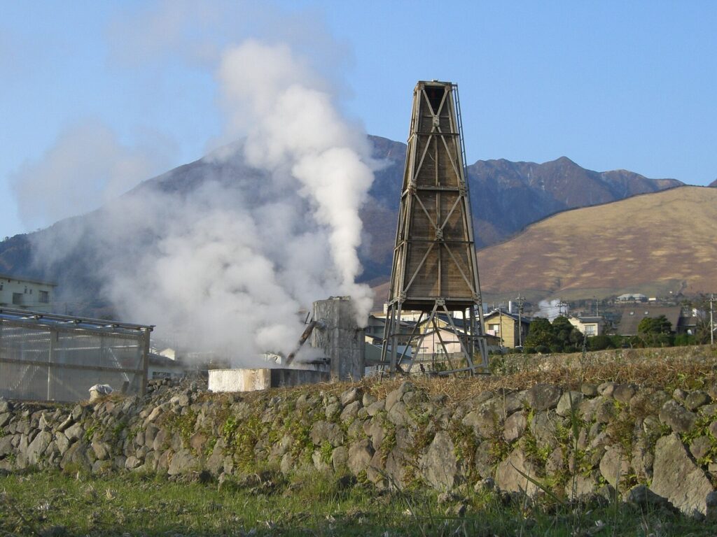 Steam rising over the hot spring town of Beppu