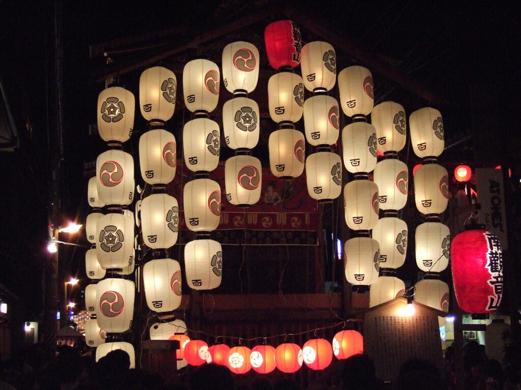 Lantern-lit yamaboko floats on Gion Matsuri eve