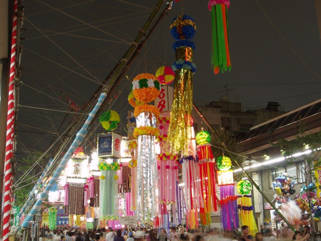 Large colorful Tanabata decorations in Hiratsuka
