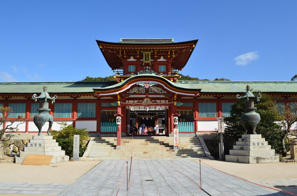 The tower gate and great stone stairway of Hofu Tenmangu shrine
