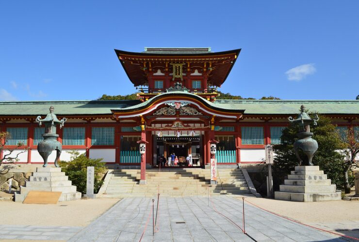 The tower gate and great stone stairway of Hofu Tenmangu shrine