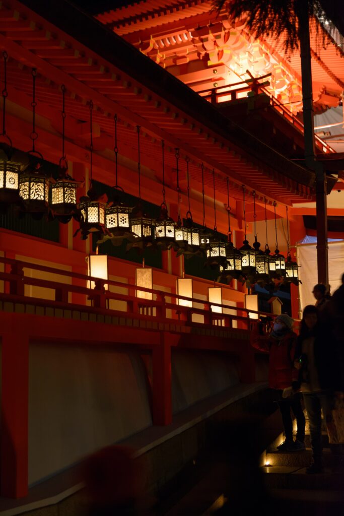 Stone lanterns lit at Kasuga Taisha during the Mantoro lantern festival