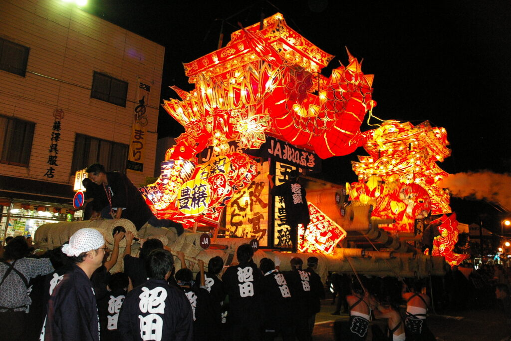 Illuminated yotaka andon lantern float at the Numata festival, Hokkaido