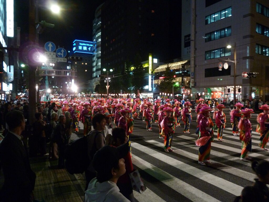 Massed dancers in the streets at Kagoshima Ohara Matsuri