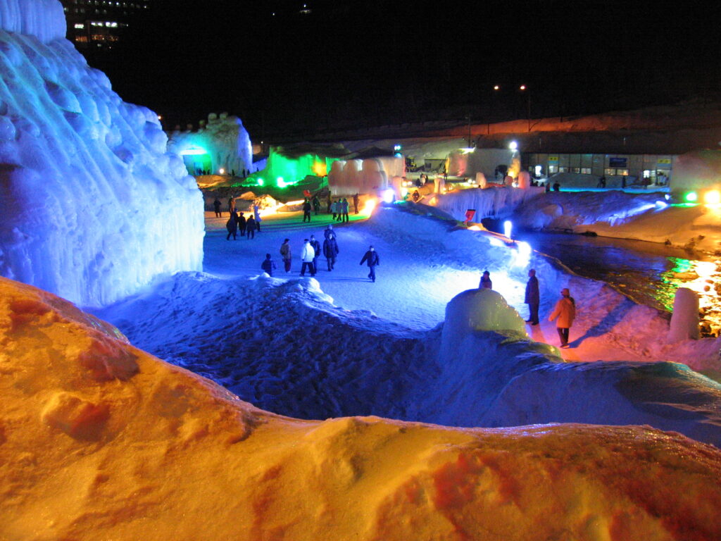 Sounkyo Ice Waterfall Festival illuminated ice sculptures at night, Hokkaido