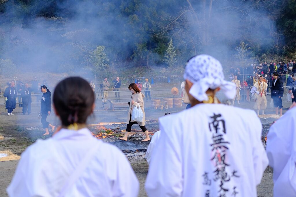 Monks and visitors at the Mount Takao fire-walking festival