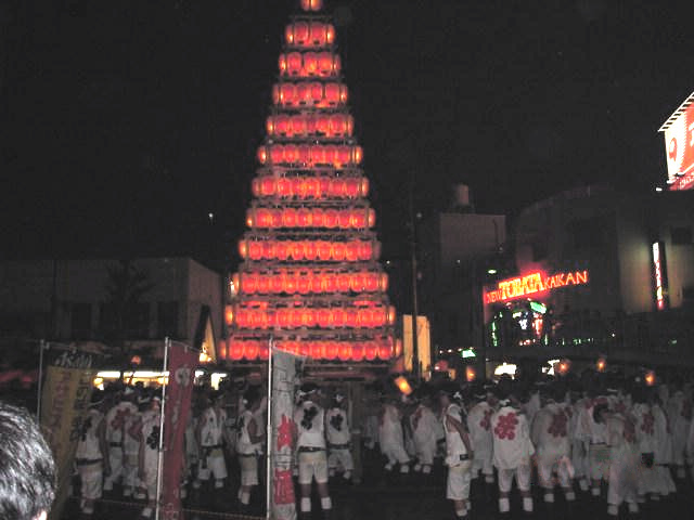 Illuminated lantern float pyramid at Tobata Gion Yamagasa