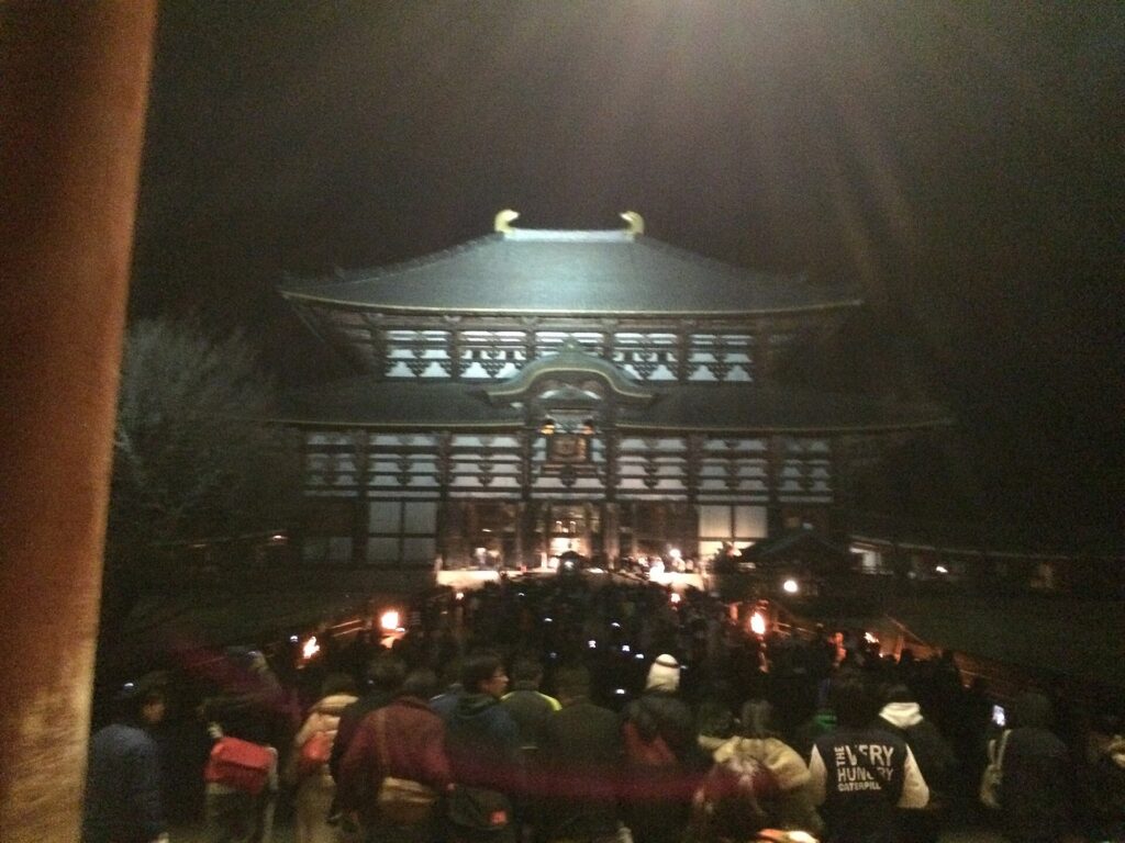 Todai-ji Great Buddha Hall lit at night with the observation window open