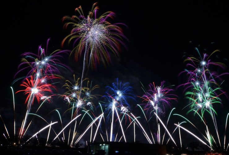 Competition fireworks lighting the night sky at Tsuchiura