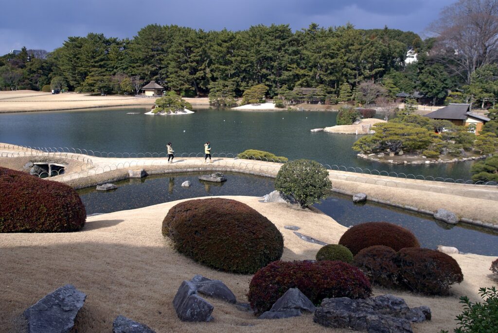 Korakuen garden in Okayama with the castle beyond